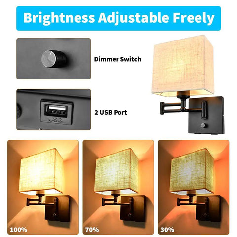 Plug In Wall Sconce With 2 USB Ports, Dimmable Swing Arm, 7 Inch Fabric Linen Shade, 11.4 Inch Total Height, 59 Inch Cord, brightness settings