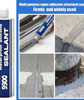 Heavy Duty 9900 White Silicone Structural Sealant Waterproof Adhesive For Roofing Bathroom Construction DIY Repairs Knockout Bonding Compound Game Changer Caulking Tube applied on various surfaces.