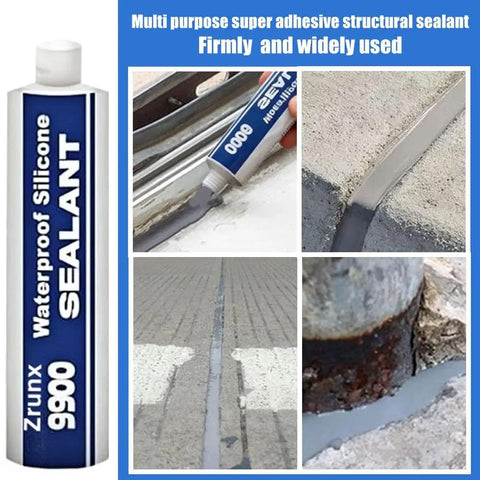Heavy Duty 9900 White Silicone Structural Sealant Waterproof Adhesive For Roofing Bathroom Construction DIY Repairs Knockout Bonding Compound Game Changer Caulking Tube applied on various surfaces.