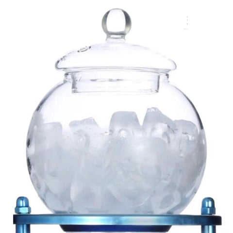 Premium Stainless Steel And Borosilicate Glass Cold Brew Coffee Maker Featuring Rapid Drip System For Smooth Ice Coffee In Four Hours Zero Hassle Vibes Next Level Kitchen Essential with glass ice jar on stand.