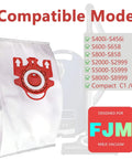 Replacement Dust Bags Pack Of 10 With 3 Motor Protection Filters And 3 Air Clean Filters For Compact C2 C1 S Series Vacuum Cleaners Fits FJM Style Models Beefed Up Meltblown Nonwoven And Hydrophilic Spunbond Construction For Enhanced Dust Control image showing compatible vacuum models.