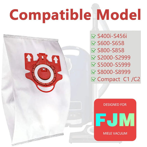 Replacement Dust Bags Pack Of 10 With 3 Motor Protection Filters And 3 Air Clean Filters For Compact C2 C1 S Series Vacuum Cleaners Fits FJM Style Models Beefed Up Meltblown Nonwoven And Hydrophilic Spunbond Construction For Enhanced Dust Control image showing compatible vacuum models.