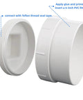 6-Inch PVC DWV Cleanout Plug Cap Female Sewer Adapter Fitting for Drainage Systems White, shown unassembled side view