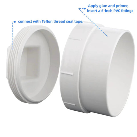 6-Inch PVC DWV Cleanout Plug Cap Female Sewer Adapter Fitting for Drainage Systems White, shown unassembled side view