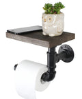 Industrial Dope Pipe Toilet Paper Holder With Wooden Shelf Rustic Wall Mount Roll Holder and decor on wooden shelf