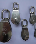 Stainless Steel Swivel Single-Sheave Marine Pulley Block 50mm Wire Rope Heavy Duty 304 Wear Resistant Corrosion Resistant 400kg Max Load 130mm Total Length Fits 1/2 Inch Dock Rope One Piece, stainless steel pulleys shown in 15-50mm sizes