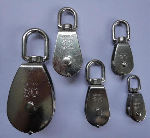 Stainless Steel Swivel Single-Sheave Marine Pulley Block 50mm Wire Rope Heavy Duty 304 Wear Resistant Corrosion Resistant 400kg Max Load 130mm Total Length Fits 1/2 Inch Dock Rope One Piece, stainless steel pulleys shown in 15-50mm sizes