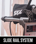 Close-up of slide rail system on Powerful 15 Amp Sliding Compound Miter Saw With Dual Bevel And LED Shadow Line Delivers 4800 RPM