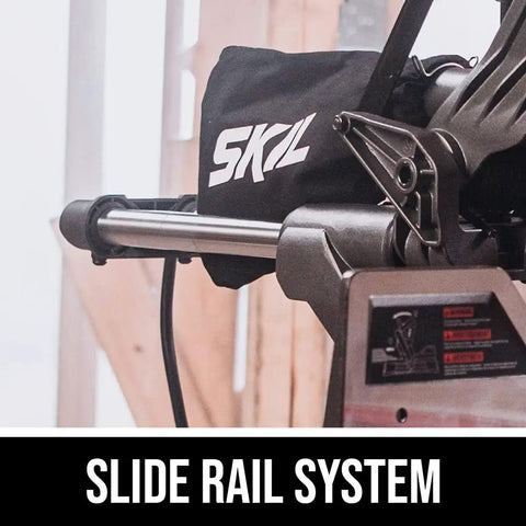 Close-up of slide rail system on Powerful 15 Amp Sliding Compound Miter Saw With Dual Bevel And LED Shadow Line Delivers 4800 RPM