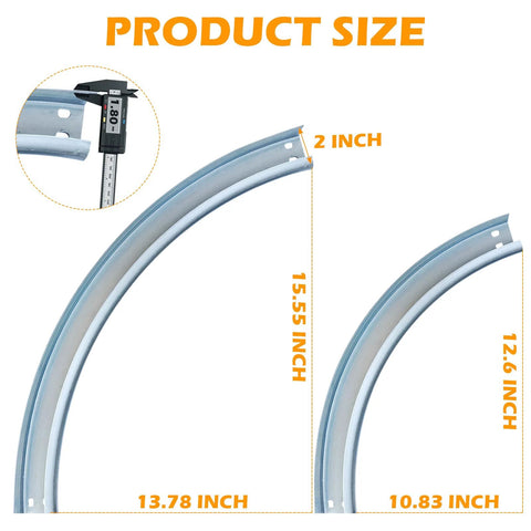 Heavy Duty Garage Door Track Kit With Curved Horizontal And Vertical Rails Connector Set Includes R12 And R15 Durable Rail Repair Parts For Quick Fixes And Smooth Operation, showing product dimensions and details of steel rails