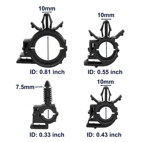 Push Mount Car Wire Clips Kit 40 Pack Assorted Sizes showing 10mm and 7.5mm clips with internal diameters labeled