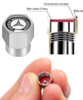 Close-up of Mercedes Benz Tire Valve Stem Cap Covers 4 Pack Aluminum Alloy Metal with silver anodized finish, diagram detail.