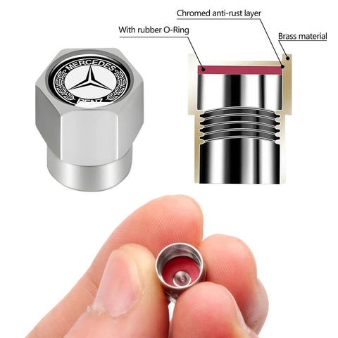 Close-up of Mercedes Benz Tire Valve Stem Cap Covers 4 Pack Aluminum Alloy Metal with silver anodized finish, diagram detail.