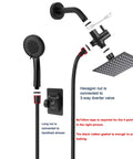 Filtered Rain Shower Head High Pressure 8 Inch Square With Five Setting Handheld Shower Filter Combo Self Adhesive Holder And One Point Five Meter Hose Matte Black Plus One Replaceable Filter Cartridge, showing installation components.