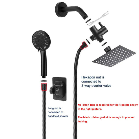 Filtered Rain Shower Head High Pressure 8 Inch Square With Five Setting Handheld Shower Filter Combo Self Adhesive Holder And One Point Five Meter Hose Matte Black Plus One Replaceable Filter Cartridge, showing installation components.