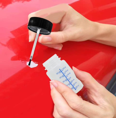 Using Six Pack 2 Ounce Empty Paint Touch Up Bottle With Brush Applicator on Red Auto Body Paint