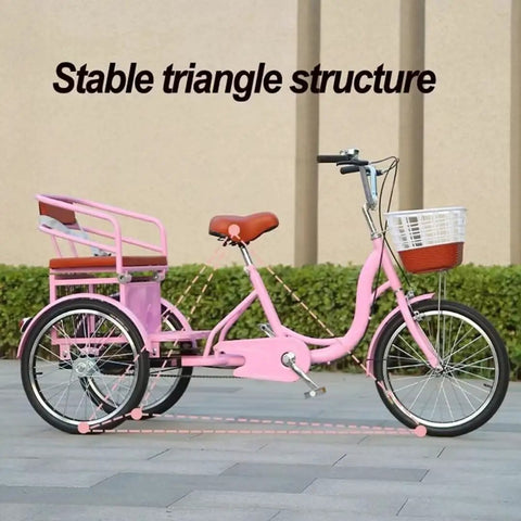 Pink 3 Wheel Pedal Tricycle With Back Seat And Safety Belt Front Caliper Brake Outdoor Bike with basket and stable structure