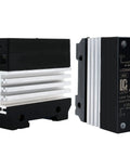 Side and front view of DIN Rail Solid State Relay With Built In Heatsink For Easy Box Install, DC To AC Output 24 To 480V, 3 To 32V DC Input, 40A SSR, Compact 0.964 Inch Width With Mounting Rail Clips, No External Heatsink Needed