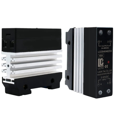 Side and front view of DIN Rail Solid State Relay With Built In Heatsink For Easy Box Install, DC To AC Output 24 To 480V, 3 To 32V DC Input, 40A SSR, Compact 0.964 Inch Width With Mounting Rail Clips, No External Heatsink Needed
