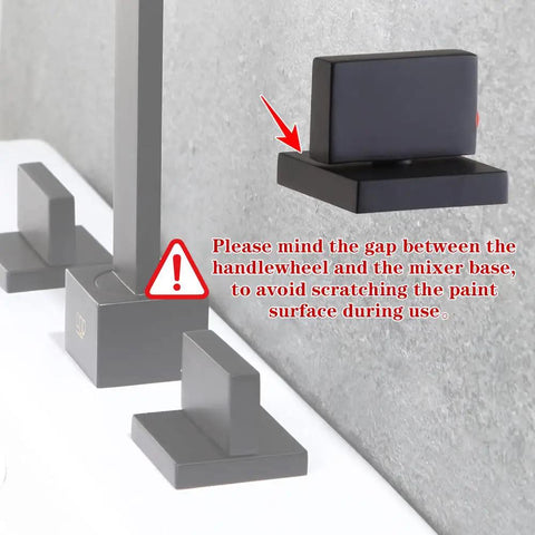Matte Black 2-Handle 3-Hole Widespread Bathroom Sink Faucet With Pop-Up Drain, focus on handle and base gap warning, solid brass