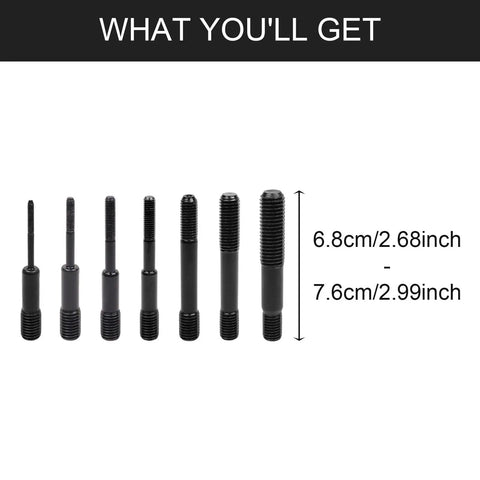 7 Piece Air Rivet Nut Pull Setter Kit with Quick Change Nose Pieces in varied sizes shown on white background.