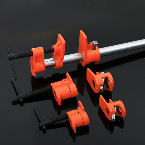 Heavy Duty Steel Pipe Clamp Set For Woodworking Hand Crank Adjustable Vise showing orange clamps and metal rod for secure grip.
