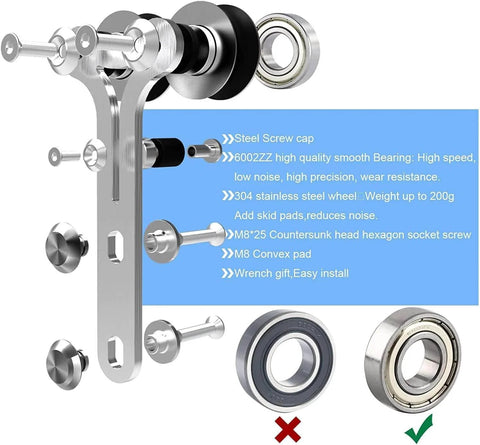 Components of the 8Ft Stainless Steel Sliding Barn Door Hardware Kit With Quiet Glide, showing rollers and screws in satin brushed finish.
