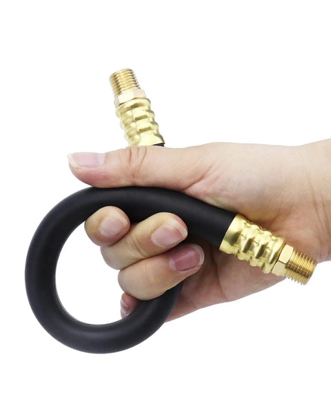 Heavy Duty Rubber Air Compressor Hose 3 8 Inch Core with Solid Brass Fittings, held in hand demonstrating flexibility.