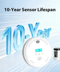 Keep Your Pad Secure With This Smoke Detector And Air Quality Monitor Sporting A Ten Year Runtime Super Bright Display Fast Reaction Sensors No Drama Setup Immediate Emergency Alerts Built Strong For Everyday American Home Safety Needs, showing a digital display and 10-year battery.
