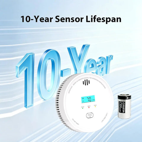 Top Shelf 6 Pack Smoke Detectors and Air Quality Monitors with 10 Year Battery Life showing clear display and battery.