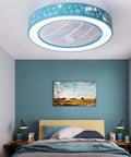 20.5 Inch Drum LED Ceiling Fan Light With 7 Blades Blue For Kid's Room, Modern Acrylic Flush Mount in bedroom setting