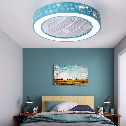 20.5 Inch Drum LED Ceiling Fan Light With 7 Blades Blue For Kid's Room, Modern Acrylic Flush Mount in bedroom setting
