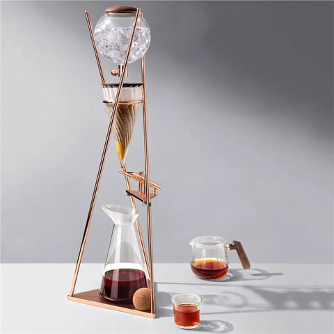 Top Shelf Cold Brew Drip Tower And Ice Drip Coffee Maker With 800Ml Borosilicate Glass Carafe and steel stand for slow drip brewing.
