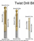 Must-Have Titanium-Coated Drill Bit Set For DIY Pros; Heavy Duty Bearing Steel Twist Bits Kill Through Wood Metal And More Like A Boss With Smooth Step Design And Snazzy Case Included. 3 gold twist drill bits 8mm, 6mm, 3mm with size labels