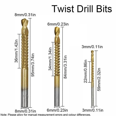 Must-Have Titanium-Coated Drill Bit Set For DIY Pros; Heavy Duty Bearing Steel Twist Bits Kill Through Wood Metal And More Like A Boss With Smooth Step Design And Snazzy Case Included. 3 gold twist drill bits 8mm, 6mm, 3mm with size labels