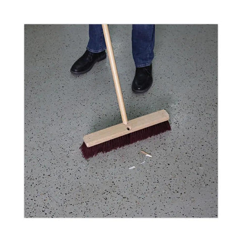 Straight Up Heavy Duty 18 Inch Floor Brush Head Featuring A Rock Solid Hardwood Block And Tough Maroon Polypropylene Bristles For Serious Industrial Sweeping Duties Handles Sold Separately on grey floor.