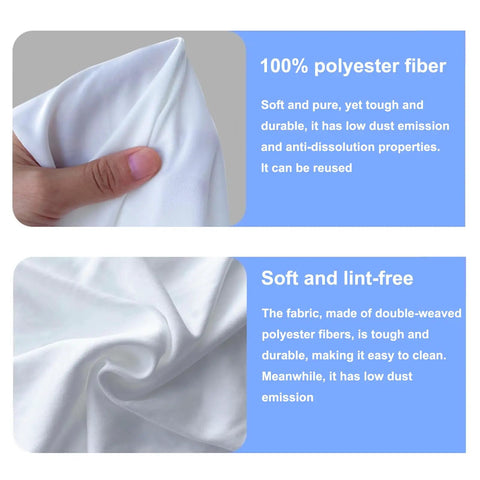Top Shelf Heavy Duty Industrial Cleanroom Wipes Six By Six Double Knit One Hundred Percent Polyester Lint Free Cloths close-up showing soft fabric texture.