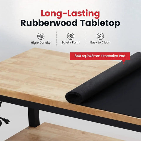 Top Shelf 48 Inch Adjustable Workbench With Thick Rubberwood Top And Knockout Steel Frame Including Pegboard Storage Rack Plus Built In Power Outlet For Weekend Woodworking