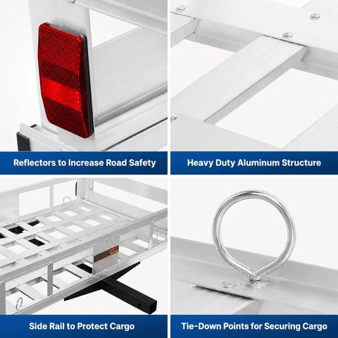 Close-up of Folding Aluminum Hitch Cargo Carrier For SUV And Truck Use, Beefy 1300 Lbs Capacity Hauler with reflectors and tie-downs