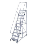 Heavy Duty Steel Rolling Ladder With Ten Expanded Metal Steps And Manual Lock Casters For Warehouse Access At Eight Point Three Feet Platform Height Four Hundred Fifty Lb Capacity built for industrial tasks.