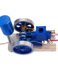 Water Cooled Hit And Miss Engine Model For Teens 14 Plus A Vintage Style Science Kit With Base Fuel Tank Piping And Hands On Activation For Realistic STEM Learning, blue metal engine on wooden base