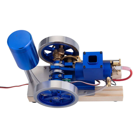 Water Cooled Hit And Miss Engine Model For Teens 14 Plus A Vintage Style Science Kit With Base Fuel Tank Piping And Hands On Activation For Realistic STEM Learning, blue metal engine on wooden base