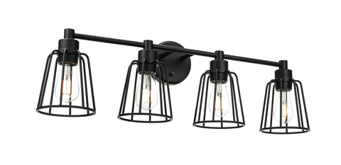 Farmhouse Vanity Light for Bathroom, 4 Light Industrial Over Mirror Fixture in Matte Black With Cage Shade, Cozy Farmhouse Vibe
