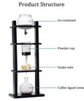 Structure of Premium Pine Wood And Glass Cold Brew Drip Coffee Maker 1000ml with ice container, powder cup, and coffee liquid container.