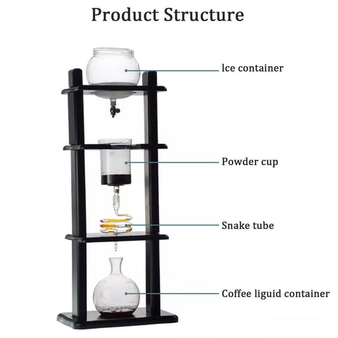 Structure of Premium Pine Wood And Glass Cold Brew Drip Coffee Maker 1000ml with ice container, powder cup, and coffee liquid container.