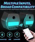 32W PC Gaming Speakers With RGB Lights for Laptop Mac or Desktop, Bluetooth USB 3.5mm AUX Input, showing connectivity options.