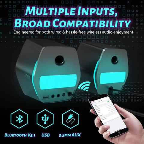 32W PC Gaming Speakers With RGB Lights for Laptop Mac or Desktop, Bluetooth USB 3.5mm AUX Input, showing connectivity options.