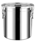 Premium Heavy Duty 304 Stainless Steel Airtight Grain Storage Bucket Keeps Rice Flour Sugar And Coffee Beans Fresh No Sweat Pantry Workhorse 26 Gallon viewed from the front with lid and latches.