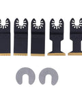 Titanium Plated Oscillating Saw Blades Set High Carbon Steel Universal Fit 5 Pack With Spacers For Metal Cutting Heavy Duty Pro Grade Blades For Soft Metals Smooth Long Lasting Performance, 5 blades and 2 spacers