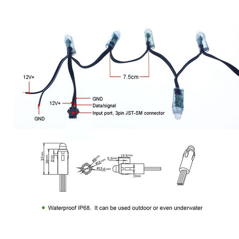 Lit 500 Pack WS2811 LED Pixel String Lights, 12mm Round, Waterproof IP68, 12V, wiring and connector details with measurements